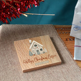 Personalised Christmas Coaster Snowy White House Solid Oak